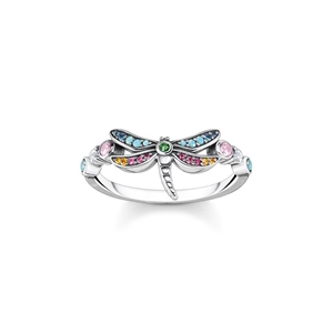 Ring - Ring trollslända med färgade stenar silver
