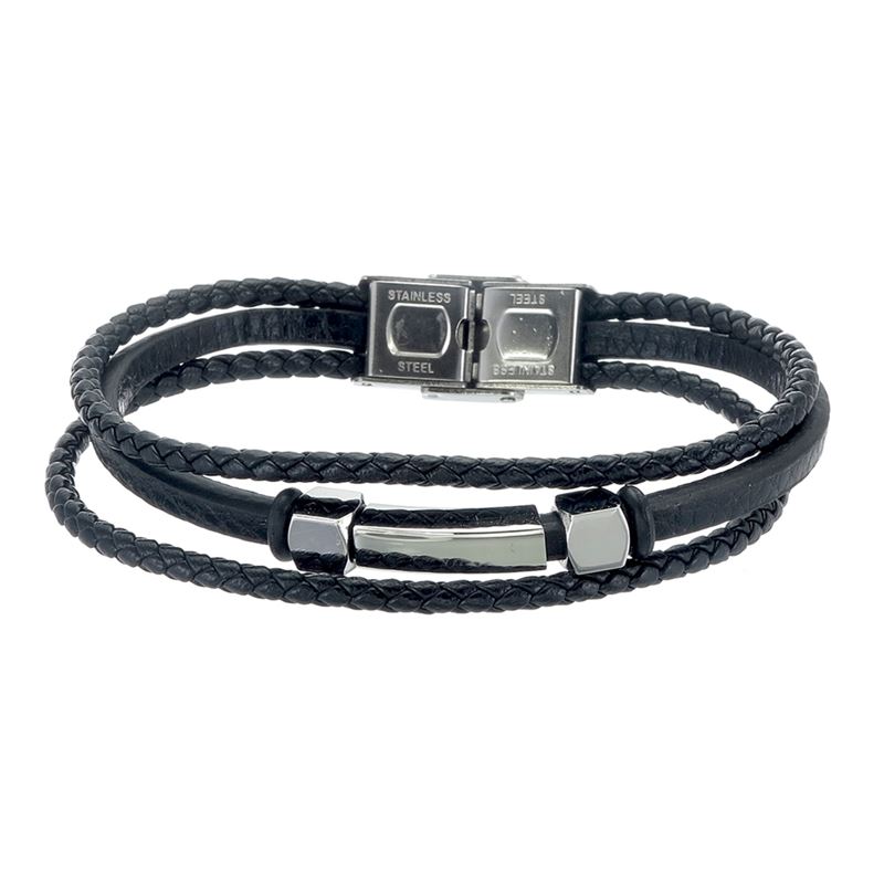 Armband - Herrarmband i skinn och stål, 3 radigt