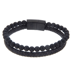 Armband - Herrarmband i äkta skinn och stål, dubbelradigt med svarta Onyxkulor