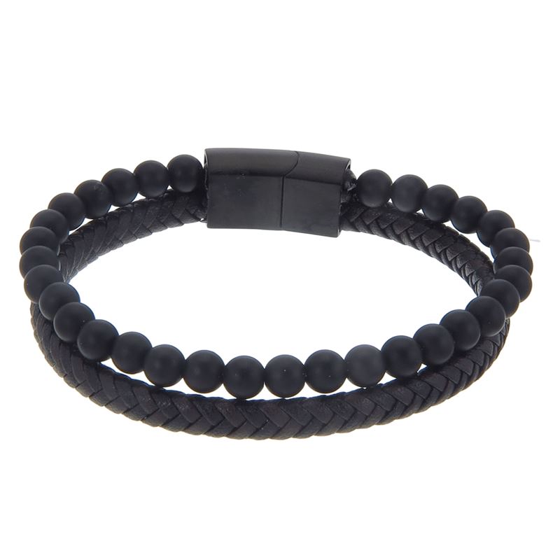 Armband - Herrarmband i äkta skinn och stål, dubbelradigt med svarta Onyxkulor